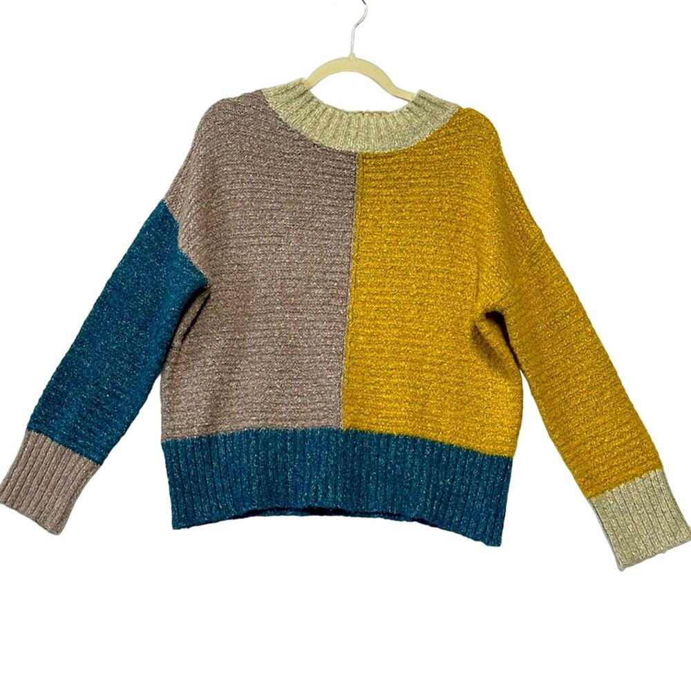 Hem‎ & Thread Color Block Knit Purple Yellow Blue Tan Sz M Sweater fall boxy fit